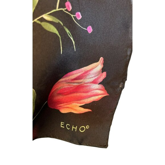 Vintage Echo Black Pink Romantic Floral Rectangular Scarf Spring Hand Rolled - Picture 5 of 6